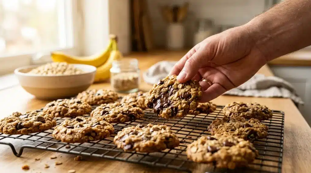 Cookies flocons d'avoine aux pépites de chocolat fondant, recette saine et gourmande sur une grille de refroidissement.