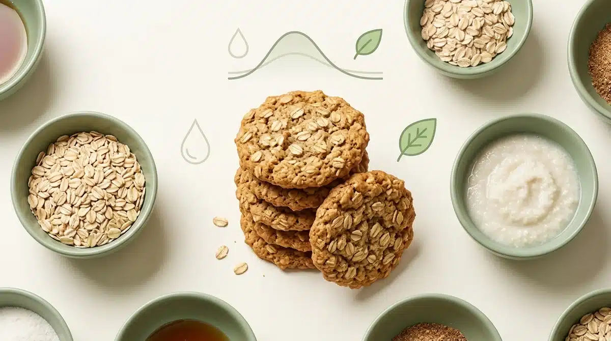 Infographie recette saine 2026 : cookies aux flocons d'avoine et okara, visuel minimaliste à index glycémique bas.