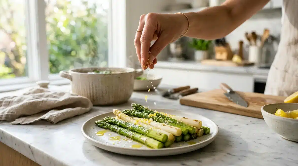 Asperges vertes et blanches cuites à la vapeur avec fleur de sel et zestes d'agrumes dans une cuisine moderne.
