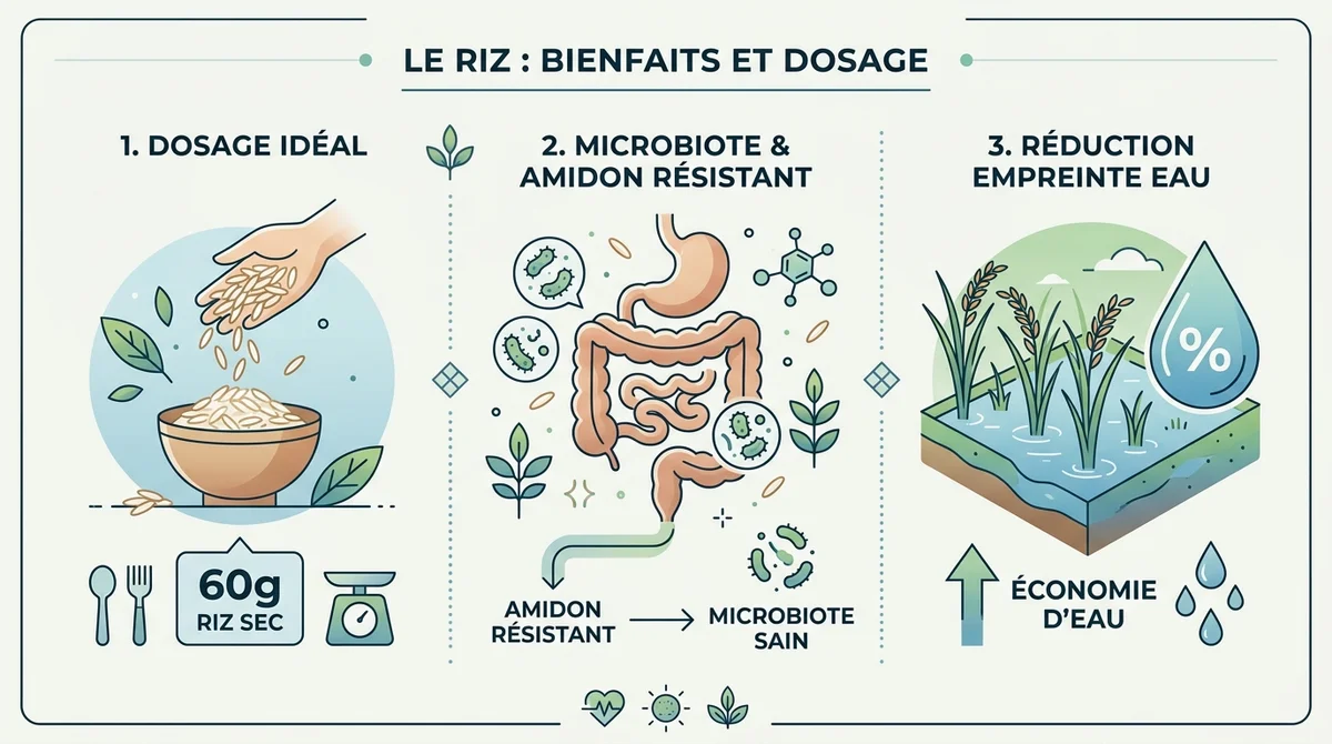 Infographie dosage 60g de riz par personne, bienfaits de l'amidon résistant et réduction de l'empreinte eau.