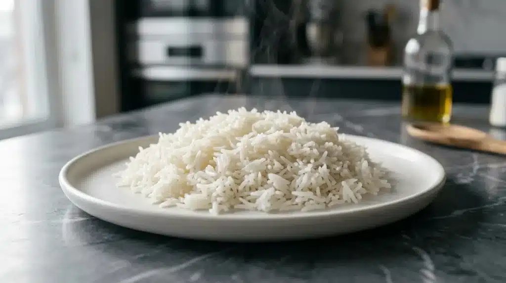 Riz basmati cuit à la vapeur dans une assiette, idéal pour calculer le dosage et les grammes de riz par personne.