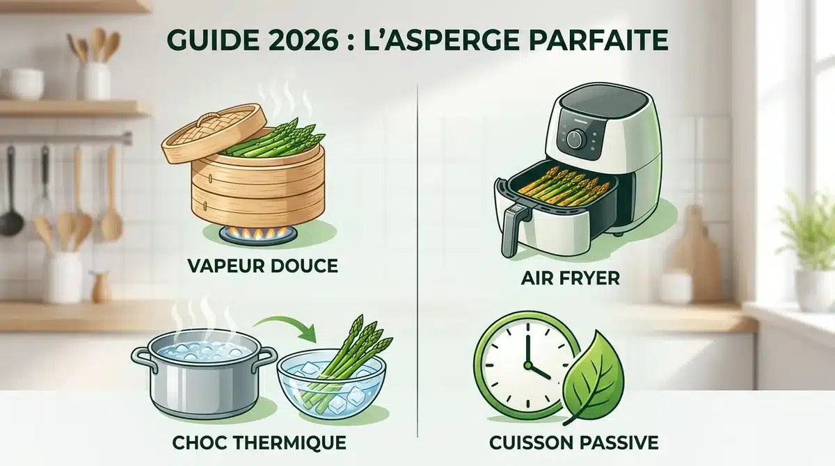 Infographie 2026 : techniques de cuisson pour asperges (vapeur douce, air fryer, choc thermique et cuisson passive).