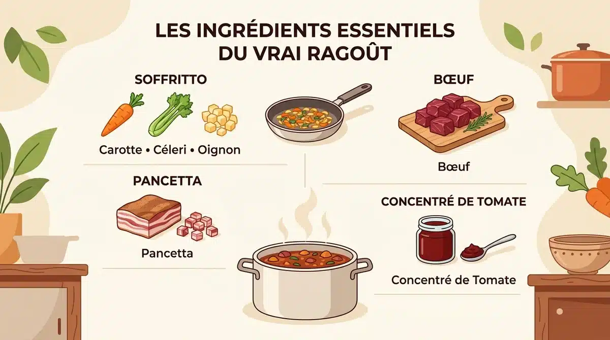 Infographie des ingrédients de la sauce bolognaise : soffritto, bœuf, pancetta et concentré de tomate.