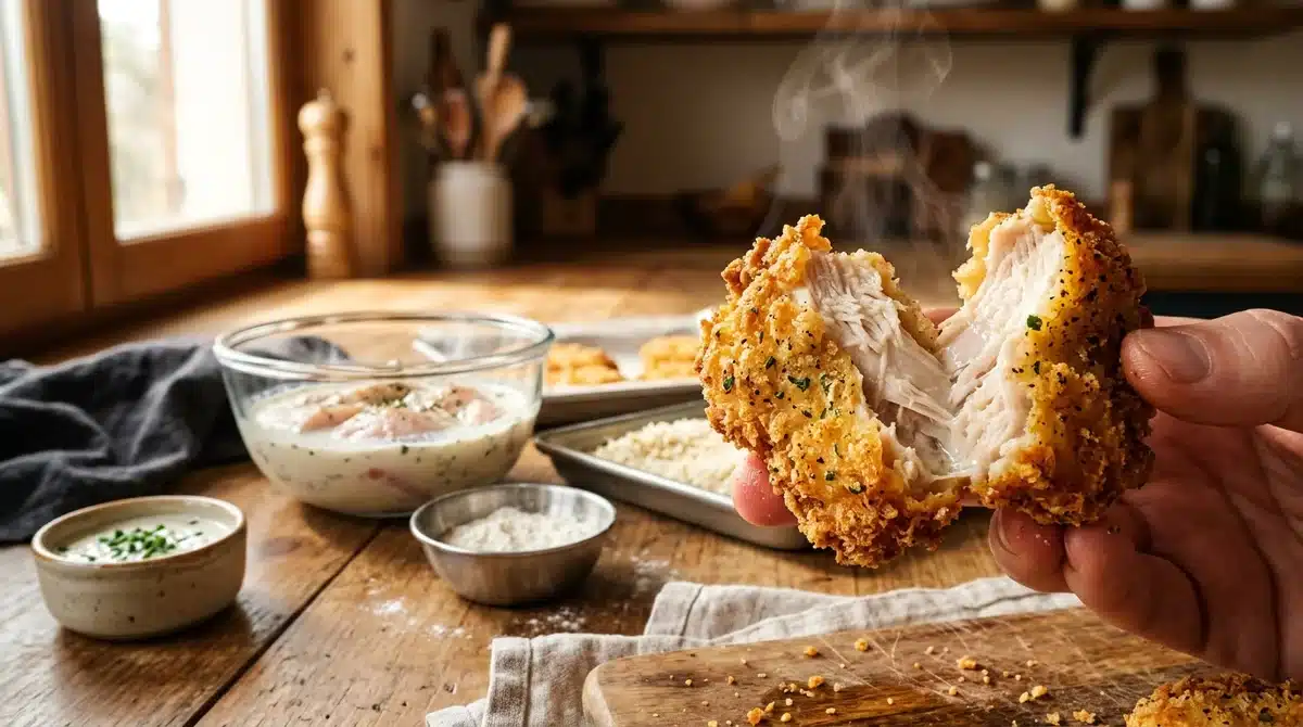 Nugget de poulet maison ultra-croustillant ouvert avec chair tendre et marinade au lait ribot en arrière-plan.