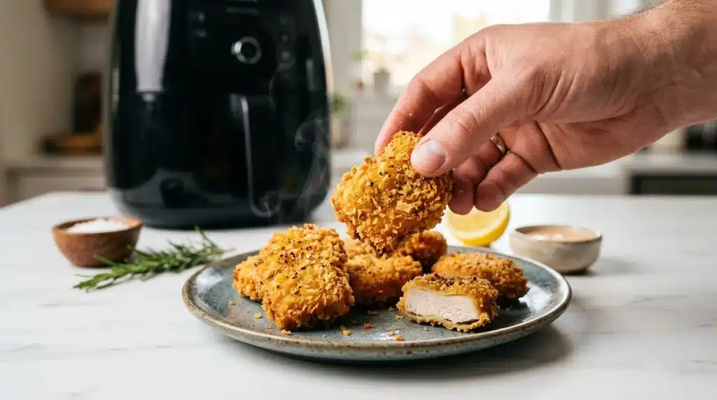 Main saisissant un nugget de poulet maison ultra-croustillant au panko, doré à l'air fryer.