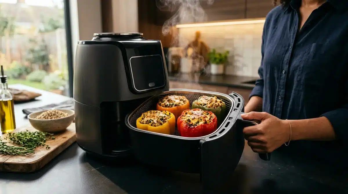 Poivrons farcis au quinoa et fromage fondant sortis d'un air fryer moderne, recette gourmande 2026.