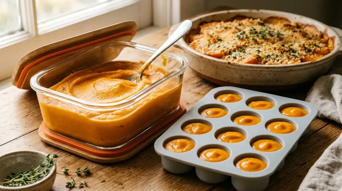 Purée de patate douce onctueuse en bocal et portions pour bébé, meal prep sain dans une cuisine lumineuse.