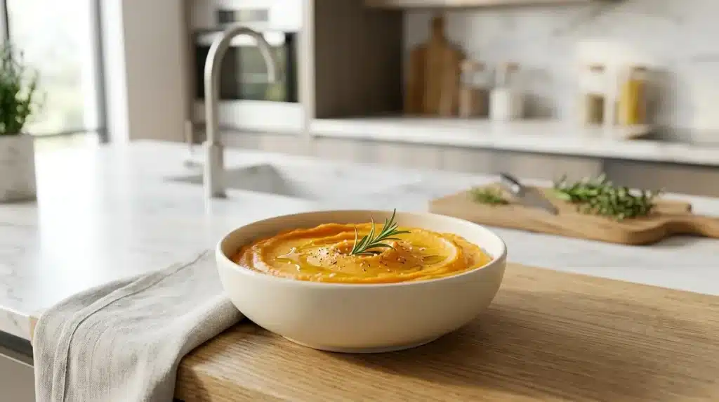 Purée de patate douce onctueuse avec romarin dans un bol moderne, éclairage naturel pour une recette de cuisine saine.