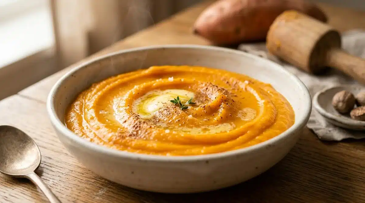 Purée de patate douce onctueuse avec beurre et muscade dans un bol en céramique, recette onctueuse et nutritionnelle.