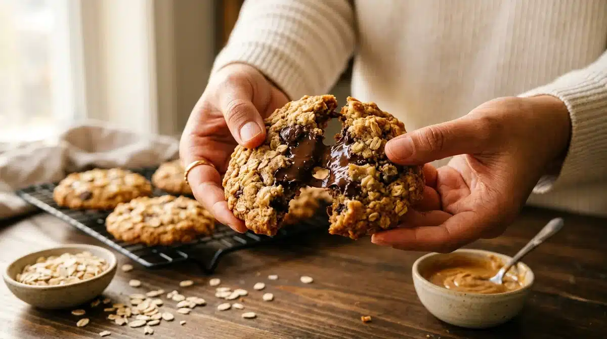 Cookie aux flocons d'avoine et chocolat fondant, recette saine et gourmande faite maison.
