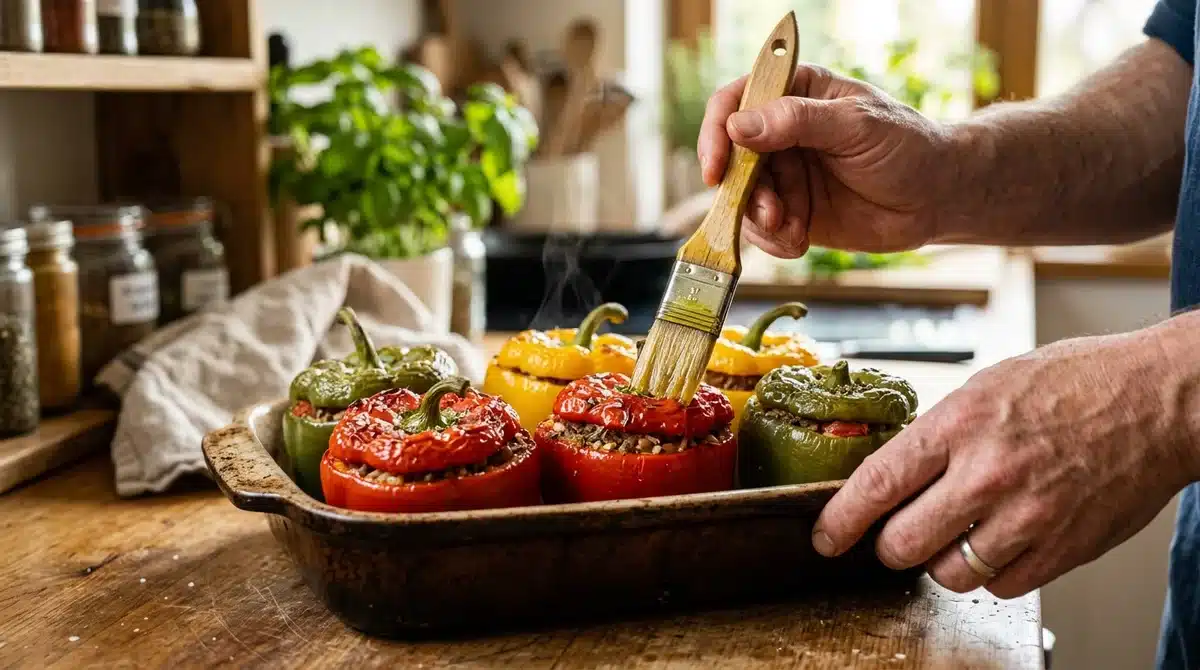 Préparation de poivrons farcis au four colorés badigeonnés d'huile d'olive dans un plat rustique.