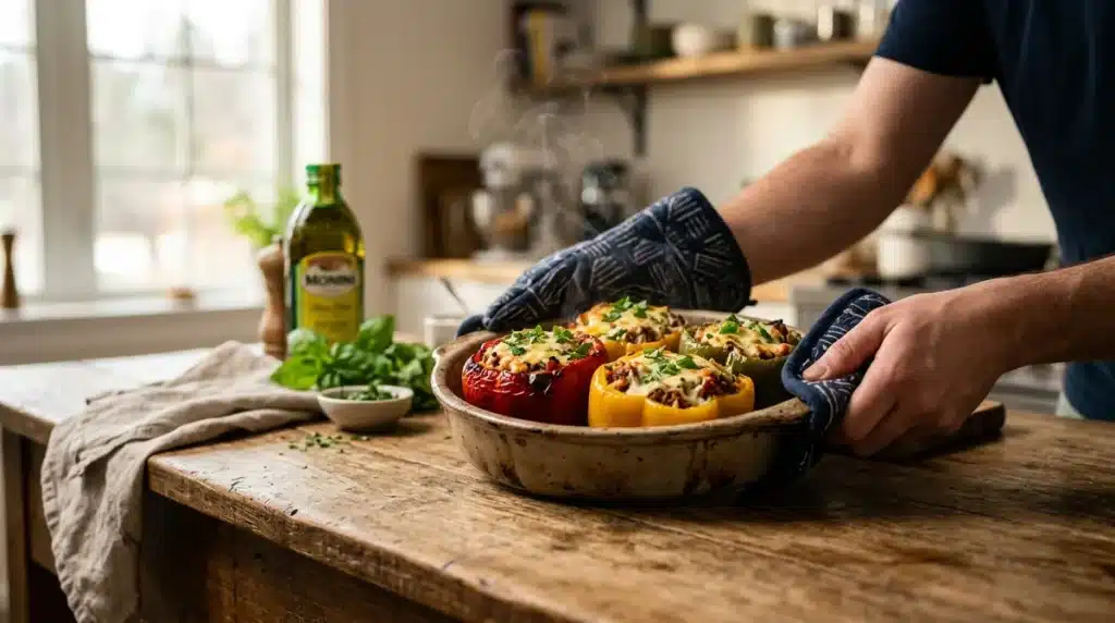 Poivrons farcis au four avec fromage fondu et herbes fraîches, servis fumants dans un plat en céramique.