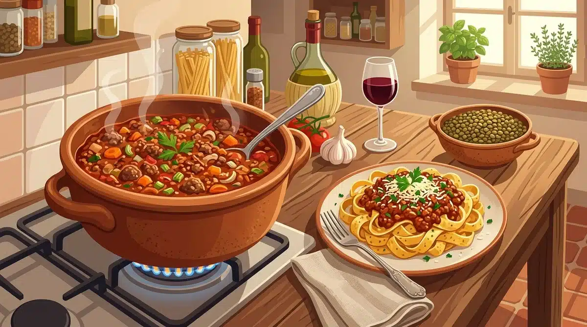 Illustration de sauce bolognaise maison mijotée avec des tagliatelles fraîches dans une cuisine italienne rustique.