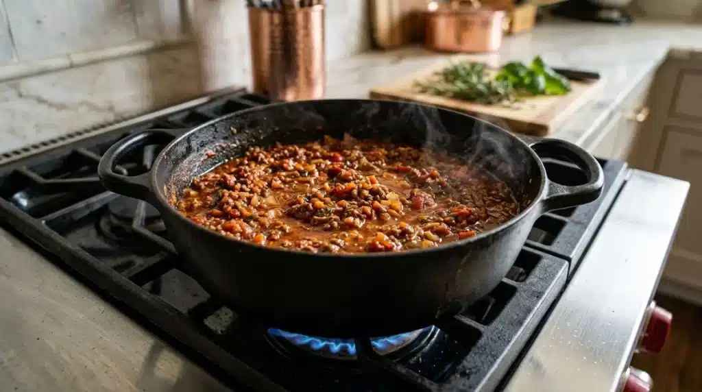 Sauce bolognaise maison mijotant dans une cocotte en fonte, viande hachée et carottes, texture onctueuse et vapeur.