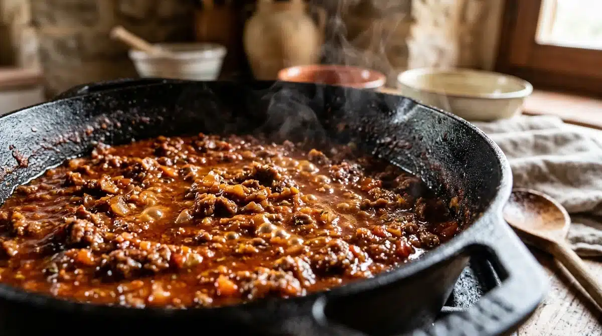Gros plan d'une sauce bolognaise maison mijotant dans une cocotte en fonte, texture onctueuse et viande caramélisée.