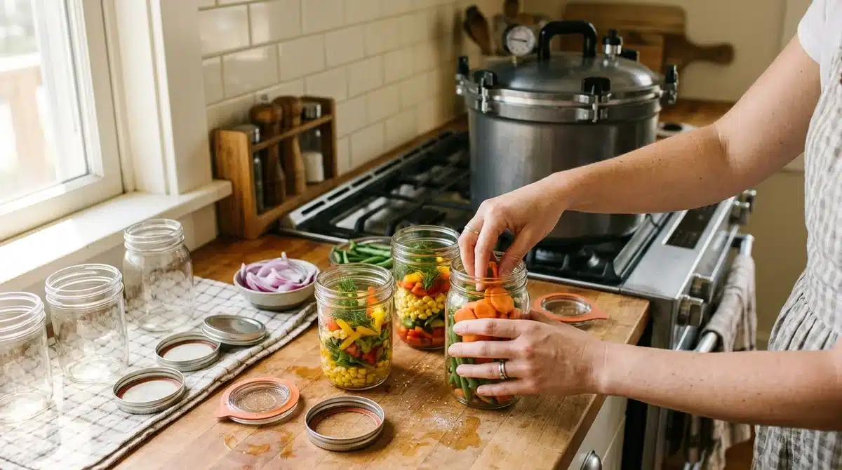 Mise en bocaux de légumes frais pour la conservation des aliments et la lutte anti-gaspi dans une cuisine.
