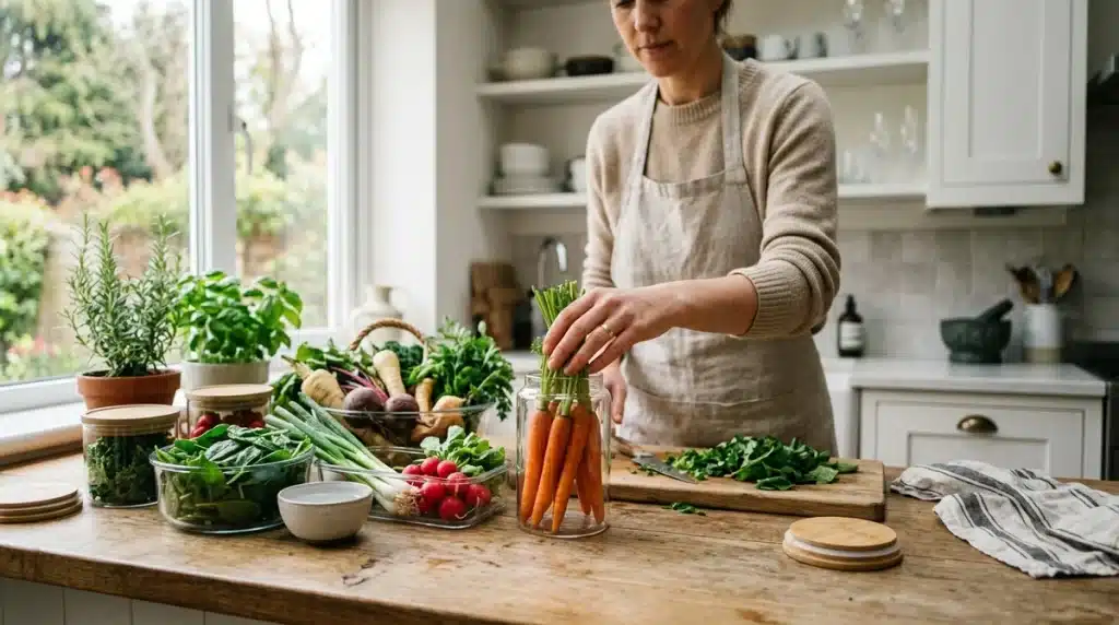 Légumes frais rangés dans des bocaux en verre pour une conservation des aliments optimale et anti-gaspi.