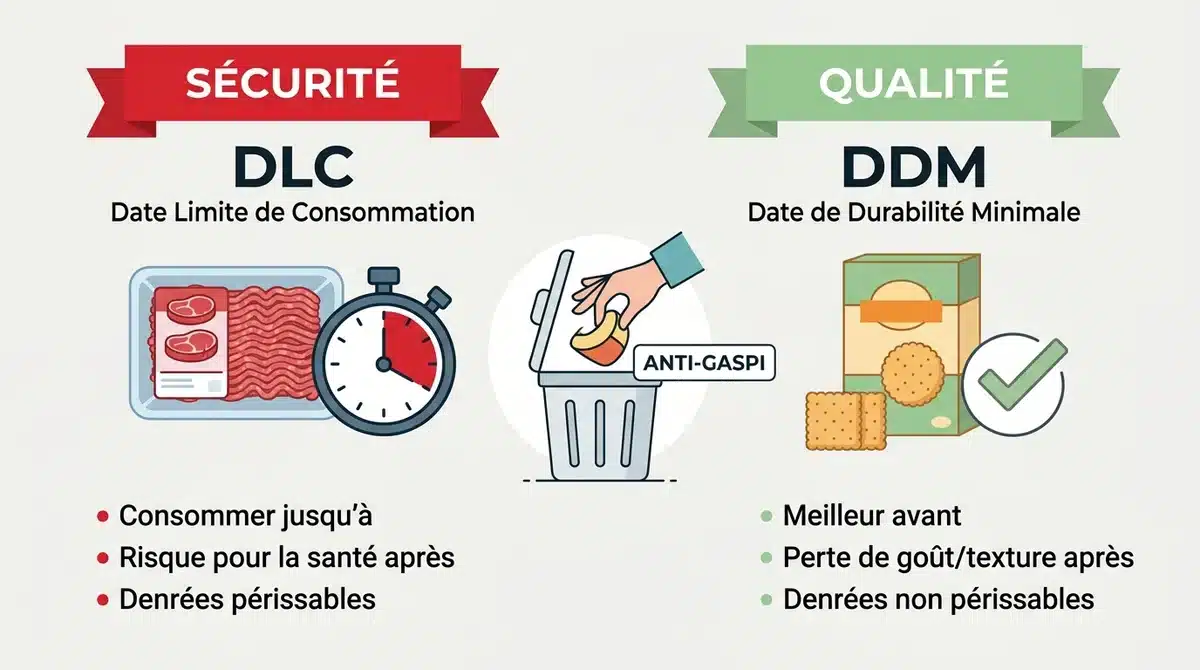 Infographie comparant DLC et DDM pour mieux conserver les aliments et réduire le gaspillage alimentaire.