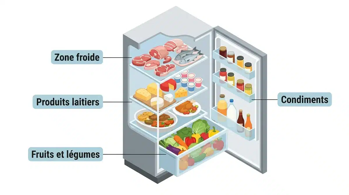 Schéma des zones de rangement du frigo : zone froide, produits laitiers, fruits et légumes pour une conservation optimale.