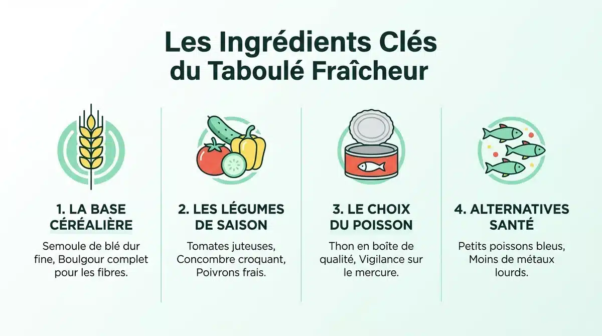 Infographie des ingrédients indispensables pour un taboulé au thon frais et sain.
