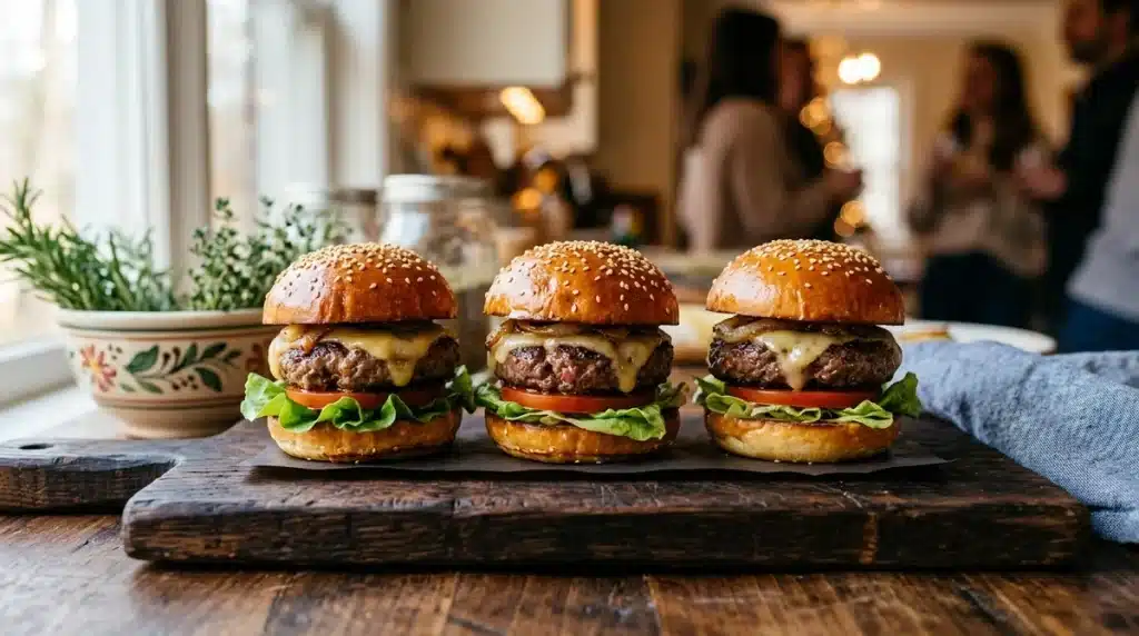 Trois mini burgers maison dorés servis sur une planche en bois pour un apéritif convivial et économique.