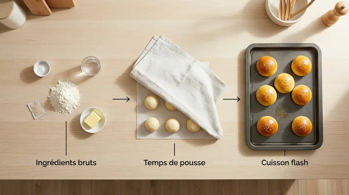 Infographie recette mini burger maison : ingrédients, pousse et cuisson des pains briochés dorés pour l'apéro.