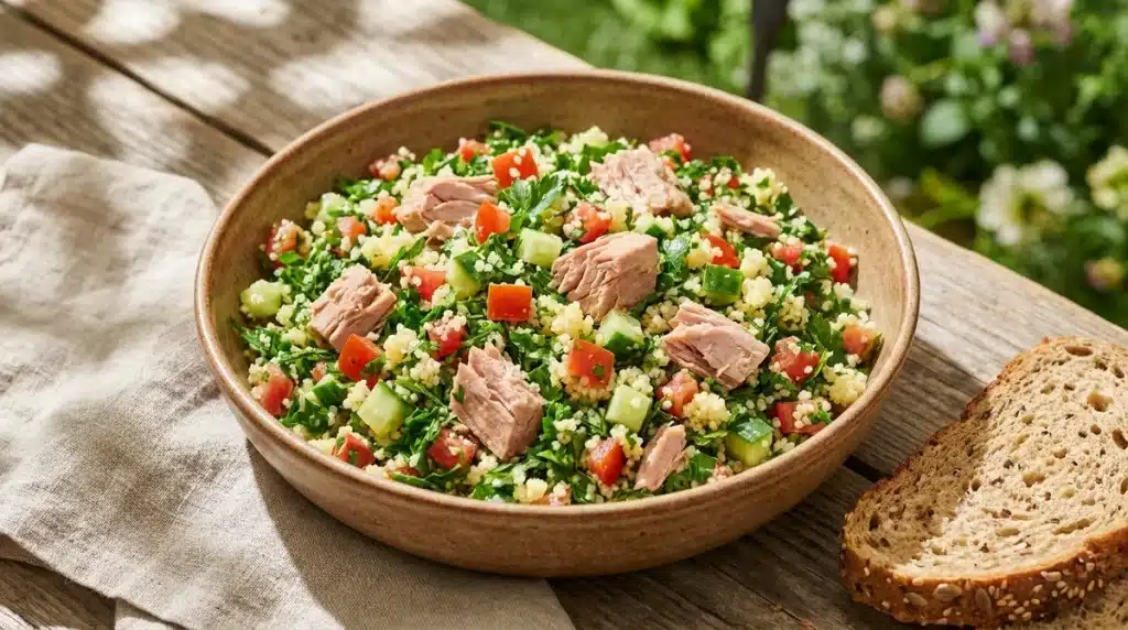 Taboulé au thon maison frais avec persil, tomates et semoule dans un bol rustique sur une table en bois en été.