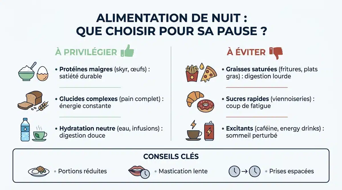 Infographie comparative des aliments à privilégier et à éviter pour bien manger la nuit en travaillant.