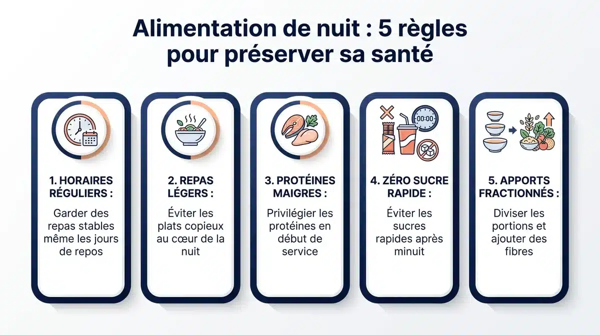 Infographie des 5 règles de l'alimentation de nuit pour préserver la santé et le sommeil.