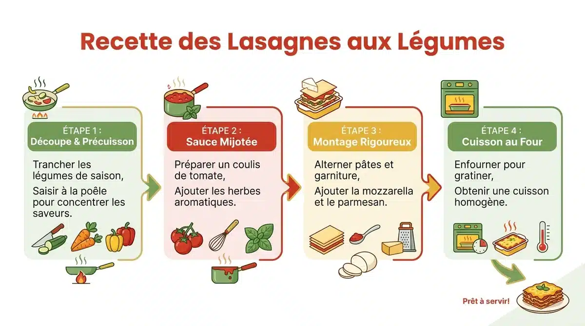 Infographie étape par étape pour réussir des lasagnes aux légumes de saison : préparation, montage et cuisson.