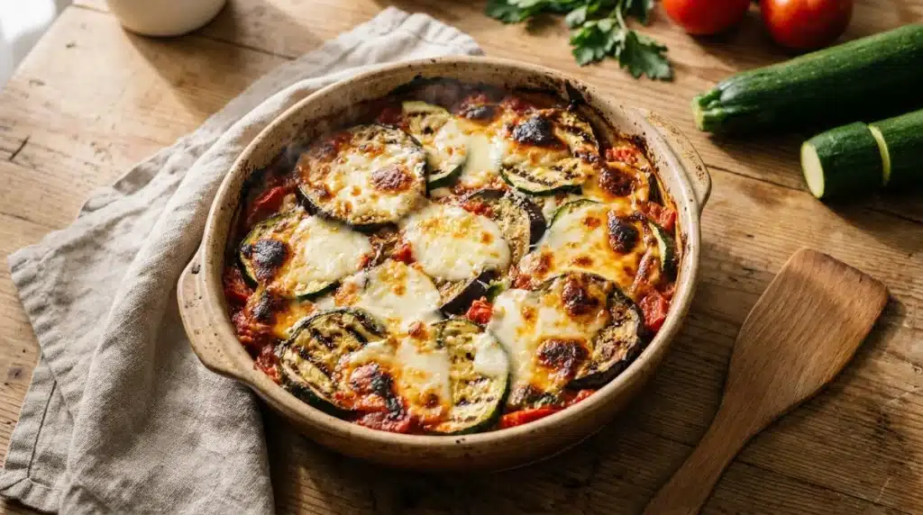 Lasagnes aux légumes de saison gratinées au four avec courgettes, aubergines et fromage fondu sur une table en bois
