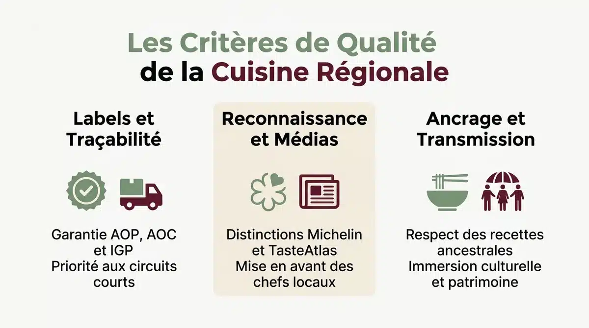 Infographie expliquant les 3 critères d'évaluation d'un terroir : labels AOP, guides gastronomiques et patrimoine.