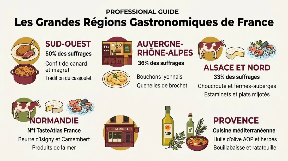 Infographie illustrant les grandes regions gastronomiques de France et leurs specialites culinaires terroirs.